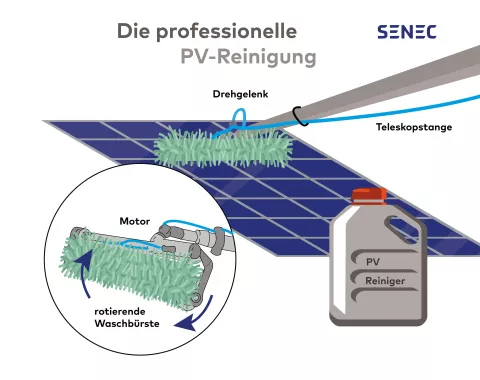 Die Infografik zeigt eine professionelle Reinigung von Solarzellen mit einer automatischen Bürste.